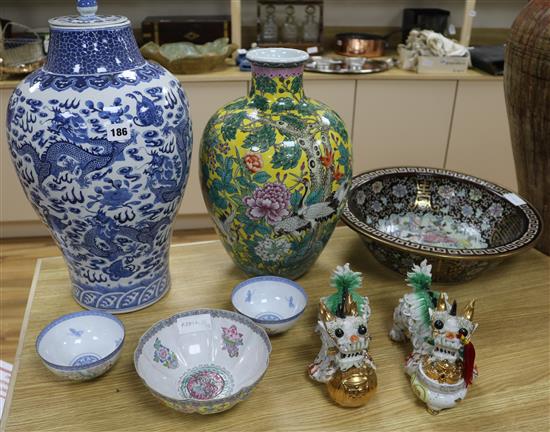 A large Chinese blue and white vase, a cover, a yellow ground vase and other Chinese ceramics